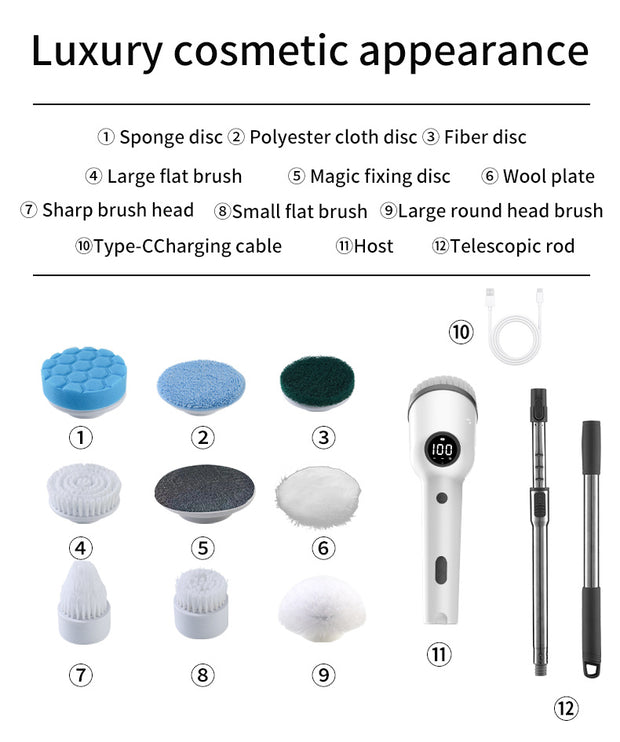 Spinova™ MaxClean – Cordless Electric Scrubber with LCD & 12‑Piece Kit